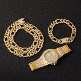 Necklace +Watch+Bracelet 3pcs kit Hip Hop Miami Curb Cuban Chain Gold Full Iced Out Paved Rhinestones CZ Bling For Men Jewelry - 7 - 