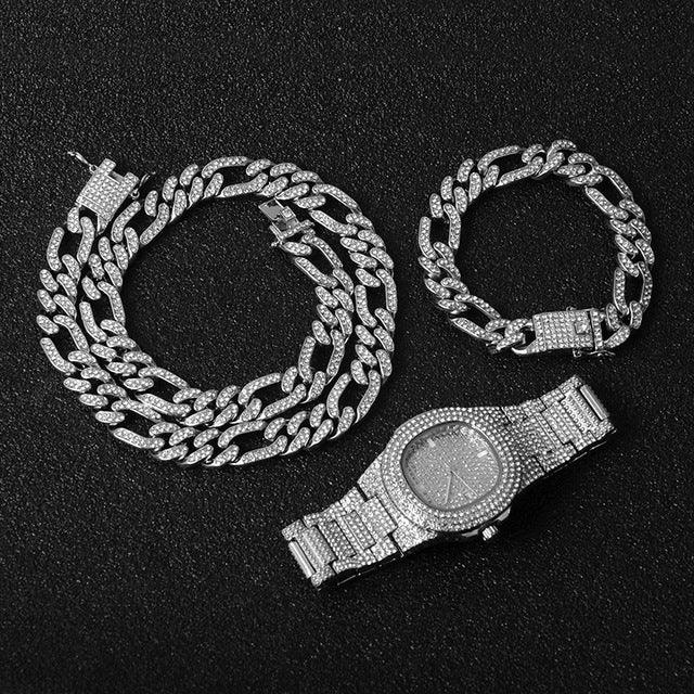 Necklace +Watch+Bracelet 3pcs kit Hip Hop Miami Curb Cuban Chain Gold Full Iced Out Paved Rhinestones CZ Bling For Men Jewelry - DRE's Electronics and Fine Jewelry