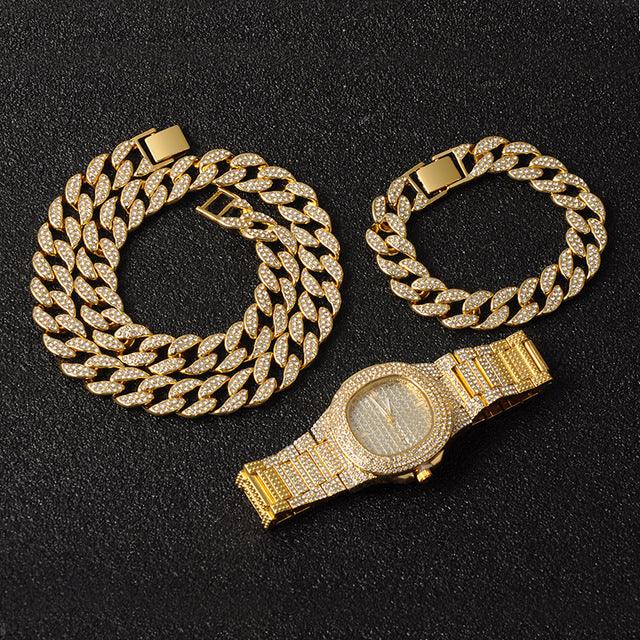 Necklace +Watch+Bracelet 3pcs kit Hip Hop Miami Curb Cuban Chain Gold Full Iced Out Paved Rhinestones CZ Bling For Men Jewelry - DRE's Electronics and Fine Jewelry