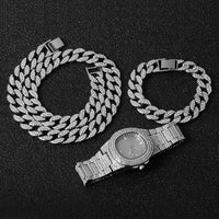 Necklace +Watch+Bracelet 3pcs kit Hip Hop Miami Curb Cuban Chain Gold Full Iced Out Paved Rhinestones CZ Bling For Men Jewelry - DRE's Electronics and Fine Jewelry