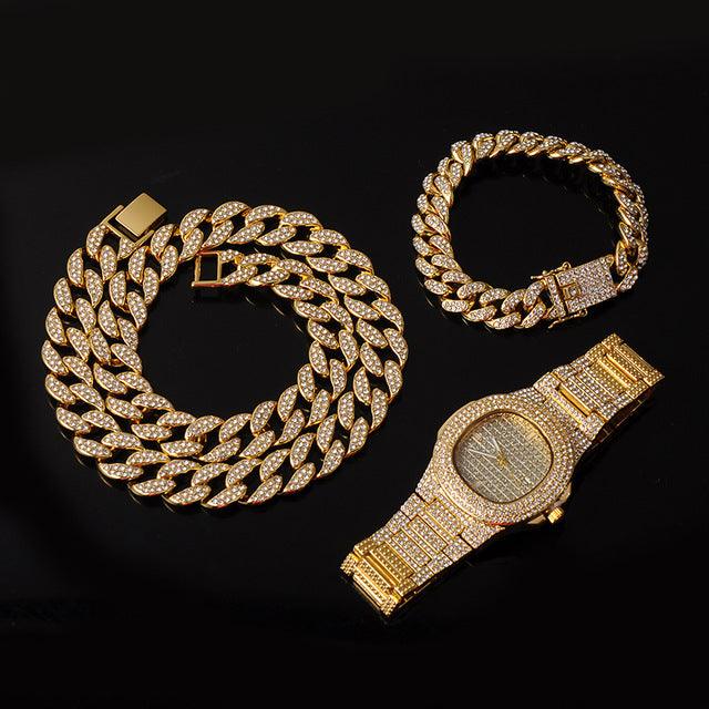 Necklace +Watch+Bracelet 3pcs kit Hip Hop Miami Curb Cuban Chain Gold Full Iced Out Paved Rhinestones CZ Bling For Men Jewelry - DRE's Electronics and Fine Jewelry