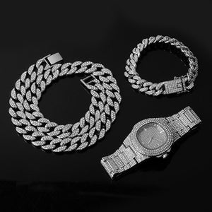 Necklace +Watch+Bracelet 3pcs kit Hip Hop Miami Curb Cuban Chain Gold Full Iced Out Paved Rhinestones CZ Bling For Men Jewelry - Bracelets