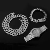 Necklace +Watch+Bracelet 3pcs kit Hip Hop Miami Curb Cuban Chain Gold Full Iced Out Paved Rhinestones CZ Bling For Men Jewelry - 12 - 