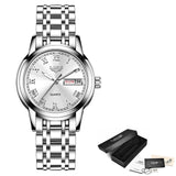 LIGE Luxury Ladies Watch Women Waterproof Rose Gold Steel Strap Wrist Watches Top Brand Bracelet Clock Relogio Feminino - S Silver White / 