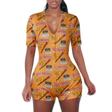 2020 Sexy Women Deep V-neck Bodycon Sleepwear Jumpsuit Button Bodysuit Shorts Romper Floral Leotard Long Sleeve Print Tracksuit - Yellow 2 /