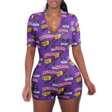 2020 Sexy Women Deep V-neck Bodycon Sleepwear Jumpsuit Button Bodysuit Shorts Romper Floral Leotard Long Sleeve Print Tracksuit - Purple 2 /