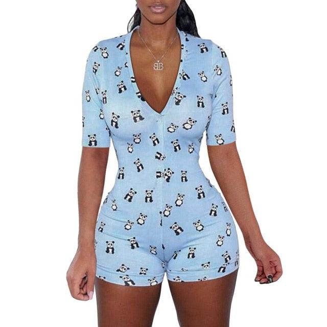 2020 Sexy Women Deep V-neck Bodycon Sleepwear Jumpsuit Button Bodysuit Shorts Romper Floral Leotard Long Sleeve Print Tracksuit