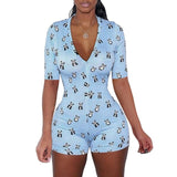 2020 Sexy Women Deep V-neck Bodycon Sleepwear Jumpsuit Button Bodysuit Shorts Romper Floral Leotard Long Sleeve Print Tracksuit - Blue 2 / L
