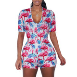 2020 Sexy Women Deep V-neck Bodycon Sleepwear Jumpsuit Button Bodysuit Shorts Romper Floral Leotard Long Sleeve Print Tracksuit - Flamingo /