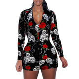 2020 Sexy Women Deep V-neck Bodycon Sleepwear Jumpsuit Button Bodysuit Shorts Romper Floral Leotard Long Sleeve Print Tracksuit - Black / M 