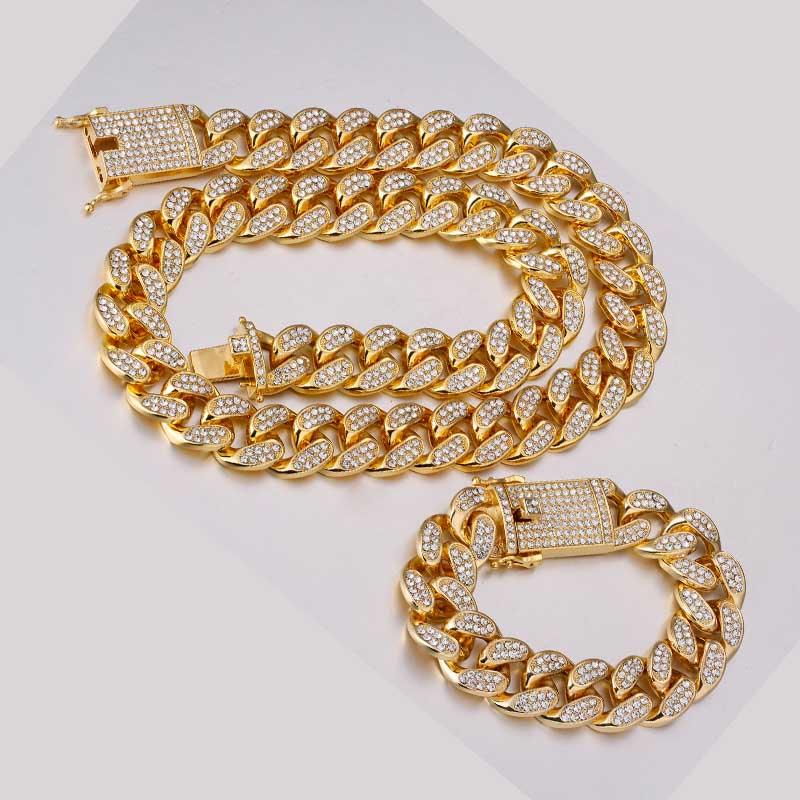 Hip-hop 1 set of 20 mm rhinestones Miami Cuban chain bling rap bracelet bracelet necklace men&#39;s jewelry