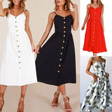 2019 New Women Print Floral Stripe Long dress Sexy V-Neck Sleevele Button Beach Casual Boho Midi Dress Plus Size 3XL vestidos - Sleeveless 