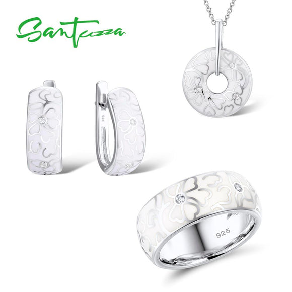 SANTUZZA Jewelry Set For Women Genuine 925 Sterling Silver HANDMADE Enamel White Flower CZ Ring Earrings Pendant Fashion - 6 - Necklace Sets