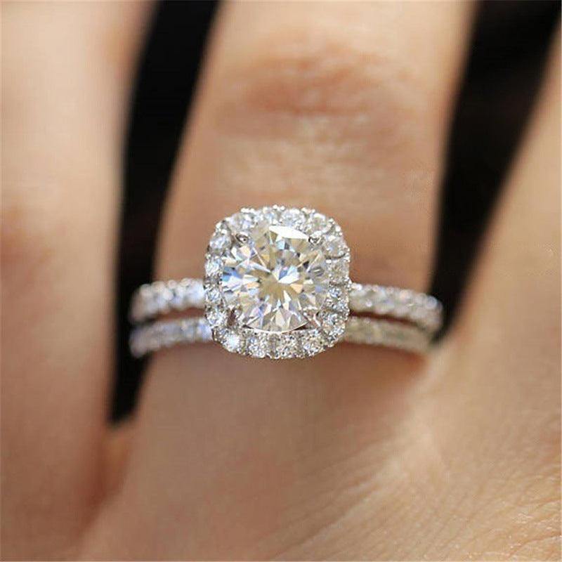 HT-11 2PC Bridal Ring with Round Brilliant Cubic Zircon Prong Setting Anniversary Engagement Wedding Rings for Women Size 6-8