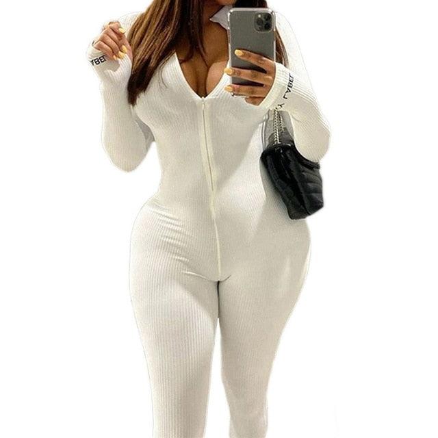 Turtleneck Knit Rib Bodycon Fitness Playsuit Sportswear Long Sleeve Zipper Body Embroidery Lucky Label Rompers Womens Jumpsuit - DRE's Electronics and Fine Jewelry