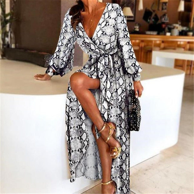 2020 New Style Fashion Elegant Women Sexy Boat Neck Glitter Deep V Print Party Dress Formal Long Clubwear - 4 / L / CHINA