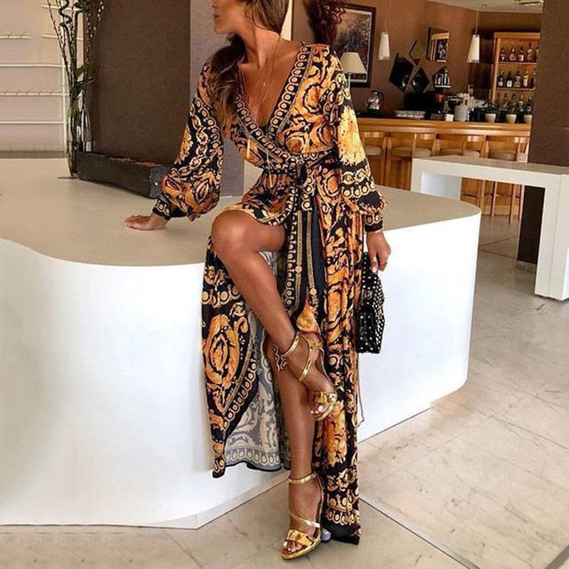 2020 New Style Fashion Elegant Women Sexy Boat Neck Glitter Deep V Print Party Dress Formal Long Clubwear - 1 / S / CHINA