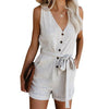 2020 New Women Casual V-neck Summer Jumpsuit Retro Button Sleeveless Jumpsuit Lady Mid Waist Straight Belt Bow Women's Shorts - DRE's Electronics and Fine Jewelry