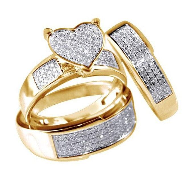 Romantic Elegant Heart Shaped Zircon Gold Stainless Steel Women's Ring Set Engagement Wedding Ring Glamour Jewelry 3 / Piece Set