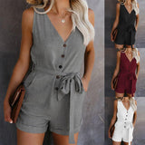 Combishort Femme Plus Size Button Jumpsuit Women Casual V Neck Bow Pocket Sleeveless Shorts Wide Jumpsuits Rompers @45 - Short Romper