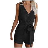 Combishort Femme Plus Size Button Jumpsuit Women Casual V Neck Bow Pocket Sleeveless Shorts Wide Jumpsuits Rompers @45 - A / S / United 