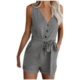 Combishort Femme Plus Size Button Jumpsuit Women Casual V Neck Bow Pocket Sleeveless Shorts Wide Jumpsuits Rompers @45 - B / S / United 