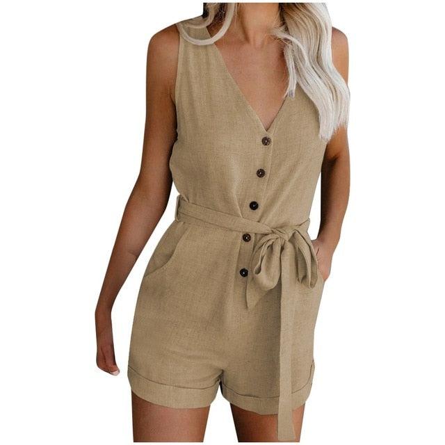 Combishort Femme Plus Size Button Jumpsuit Women Casual V Neck Bow Pocket Sleeveless Shorts Wide Shorts Jumpsuits Rompers @45 - DRE's Electronics and Fine Jewelry