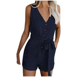 Combishort Femme Plus Size Button Jumpsuit Women Casual V Neck Bow Pocket Sleeveless Shorts Wide Jumpsuits Rompers @45 - D / S / United 