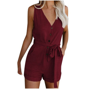 Combishort Femme Plus Size Button Jumpsuit Women Casual V Neck Bow Pocket Sleeveless Shorts Wide Jumpsuits Rompers @45 - Short Romper