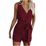 Combishort Femme Plus Size Button Jumpsuit Women Casual V Neck Bow Pocket Sleeveless Shorts Wide Jumpsuits Rompers @45 - E / S / United 