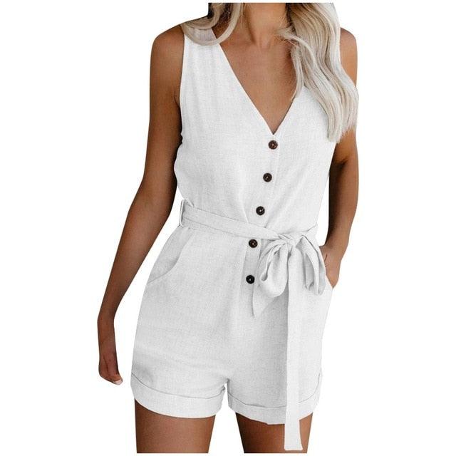 Combishort Femme Plus Size Button Jumpsuit Women Casual V Neck Bow Pocket Sleeveless Shorts Wide Shorts Jumpsuits Rompers @45