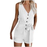 Combishort Femme Plus Size Button Jumpsuit Women Casual V Neck Bow Pocket Sleeveless Shorts Wide Jumpsuits Rompers @45 - F / S / United 