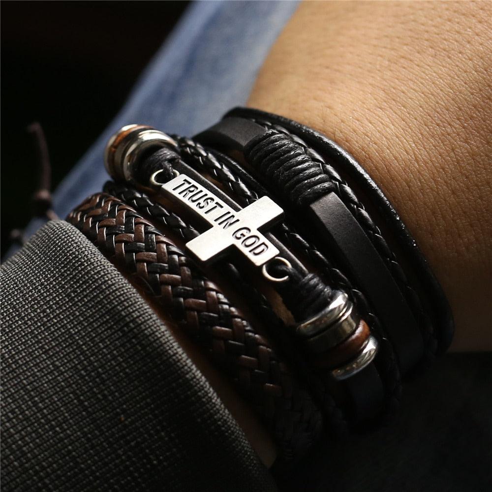 3 Pcs/Set Leather Bracelets Men Bangles For Women Wood Beads Feather TRUST IN GOD Cross Charm Homme Gift Jewelry Freely Shipping - DRE's Electronics and Fine Jewelry