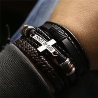 3 Pcs/Set Leather Bracelets Men Bangles For Women Wood Beads Feather TRUST IN GOD Cross Charm Homme Gift Jewelry Freely Shipping - DRE's Electronics and Fine Jewelry