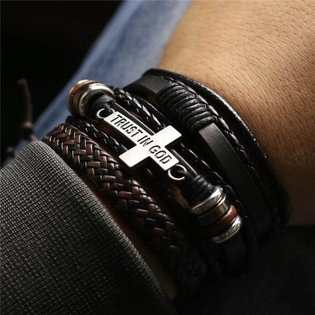 3 Pcs/Set Leather Bracelets Men Bangles For Women Wood Beads Feather TRUST IN GOD Cross Charm Homme Gift Jewelry Freely Shipping - DRE's Electronics and Fine Jewelry