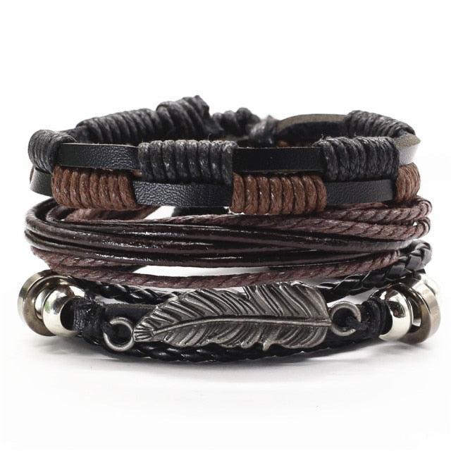 3 Pcs/Set Leather Bracelets Men Bangles For Women Wood Beads Feather TRUST IN GOD Cross Charm Homme Gift Jewelry Freely Shipping - DRE's Electronics and Fine Jewelry