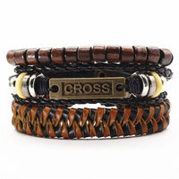 3 Pcs/Set Leather Bracelets Men Bangles For Women Wood Beads Feather TRUST IN GOD Cross Charm Homme Gift Jewelry Freely Shipping - DRE's Electronics and Fine Jewelry