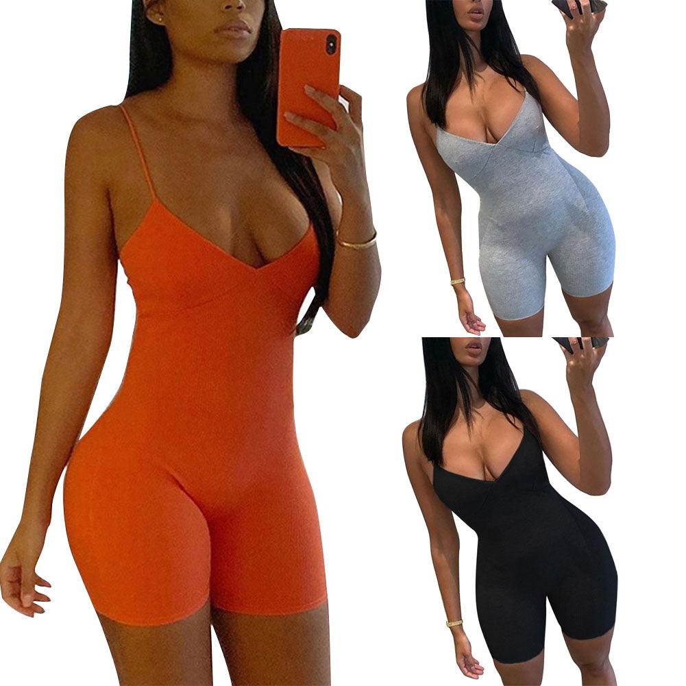 Black Gray Orange Sexy Strappy Knit Playsuit Bodycon Women Jumpsuit Party Club Romper Shorts V Neck Lady Jumper Short Overalls