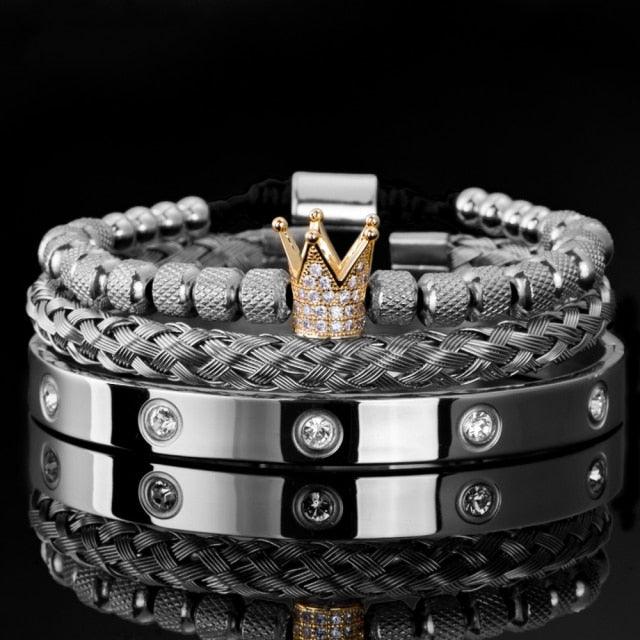 Luxury Micro Pave CZ Crown Roman Royal Charm Men Bracelets Stainless Steel Crystals Bangles Couple Handmade Jewelry Gift - DRE's Electronics and Fine Jewelry