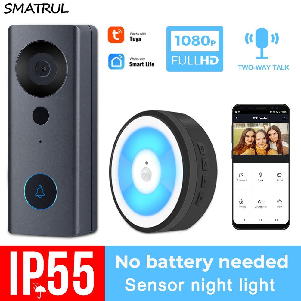 SMATRUL Tuya 1080P HD Video Doorbell Camera WiFi Wireless Smart Home Door Bell Outdoor Intercom 2 Way Audio LED Night Light USB