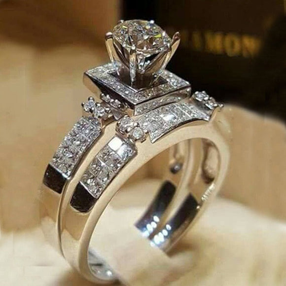 Fashion Jewelry Elegant Wedding Engagement Rings Set 2 PCS  Anniversary Accessories With Full Shiny Cubiz Zircon Stone