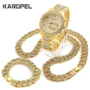 Karopel Gold Color Iced Out Watch 18" Cuban Link Chain Necklace & 8.5" Bracelet Bundle Sets Jewelry