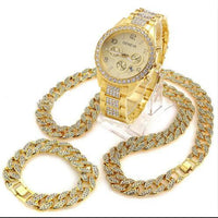 Karopel Gold Color Iced Out Watch 18" Cuban Link Chain Necklace & 8.5" Bracelet Bundle Sets Jewelry