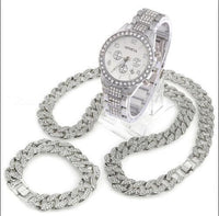 Karopel Gold Color Iced Out Watch 18" Cuban Link Chain Necklace & 8.5" Bracelet Bundle Sets Jewelry