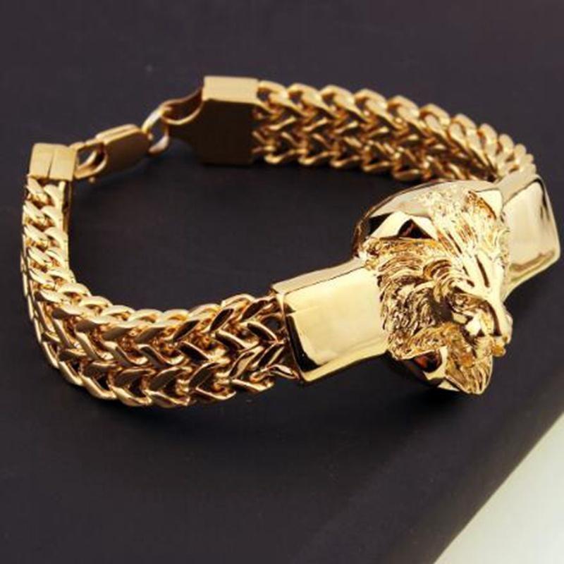 Domineering Alloy Lion Head Bracelet Men Stainless Steel Gold Color Franco Link Chain Biker Bracelet Men