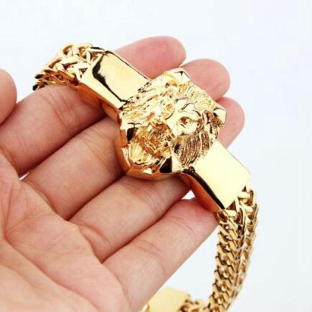 Domineering Alloy Lion Head Bracelet Men Stainless Steel Gold Color Franco Link Chain Biker Bracelet Men - DRE's Electronics and Fine Jewelry