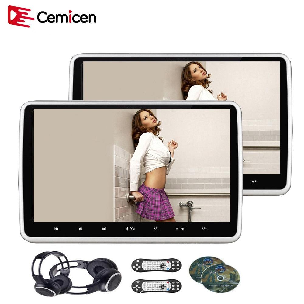 Cemicen 2PCS 10.1 Inch Car Headrest Monitor DVD Video Player USB/SD/HDMI/IR/FM TFT LCD Screen Touch Button Game Remote Control