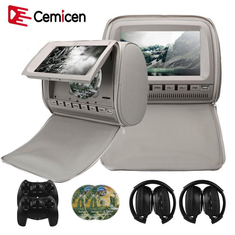 Cemicen 2PCS 9 Inch Car Headrest Monitor DVD Video Player 800*480 Zipper Cover TFT LCD Screen Support IR/FM/USB/SD/Speaker/Game