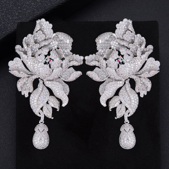 GODK 76mm Luxury Peony Flower Blossom Cubic Zirconia Women Statement Long Drop Earring Wedding Party Bridal Fringed Jewelry Gift - Earrings