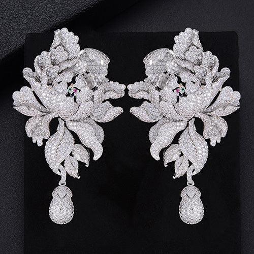 GODK 76mm Luxury Peony Flower Blossom Cubic Zirconia Women Statement Long Drop Earring Wedding Party Bridal Fringed Jewelry Gift